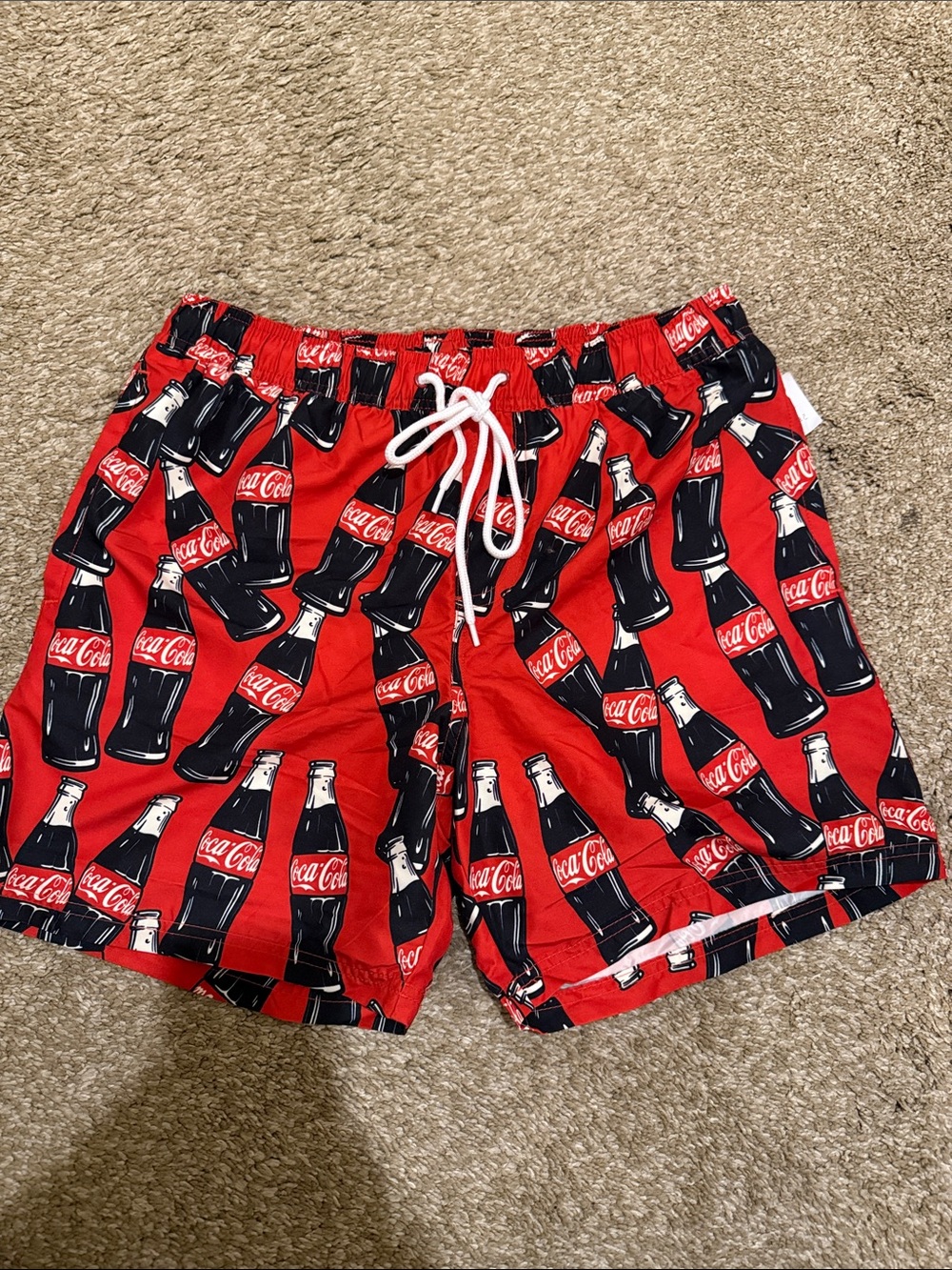 Coca Cola Red and Black Bottle-Print Men’s Swim Trunks